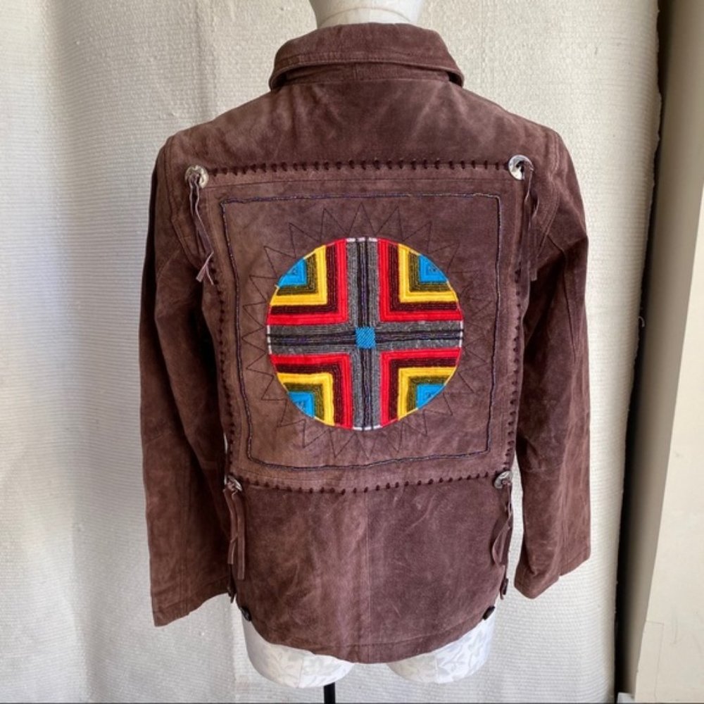 Vintage 90s S/M Rainbow Boho Suede Leather Jacket - Picture 1 of 8